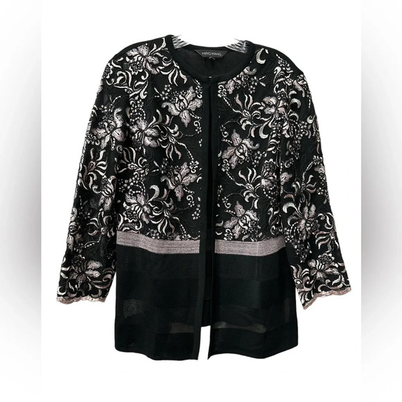 Ming Wang Jacquard Jacket Floral Open Front Semi-Sheer Hook And Bar Size Small - Picture 1 of 5